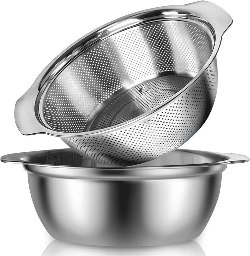 Valajogi 2 Pcs Set Stainless Steel Colander with Mixing Bowl Set – Vegetable & Fruit Washing Strainer, Pasta Rice Drainer, Kitchen Strainer Bowl, Multipurpose Food Prep Colander (Combo) - Image 1
