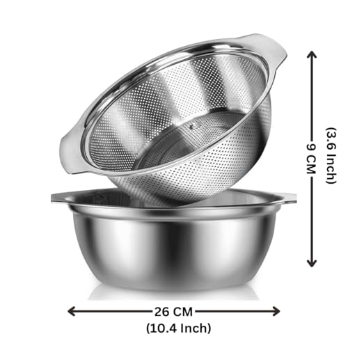 Valajogi 2 Pcs Set Stainless Steel Colander with Mixing Bowl Set – Vegetable & Fruit Washing Strainer, Pasta Rice Drainer, Kitchen Strainer Bowl, Multipurpose Food Prep Colander (Combo) - Image 2