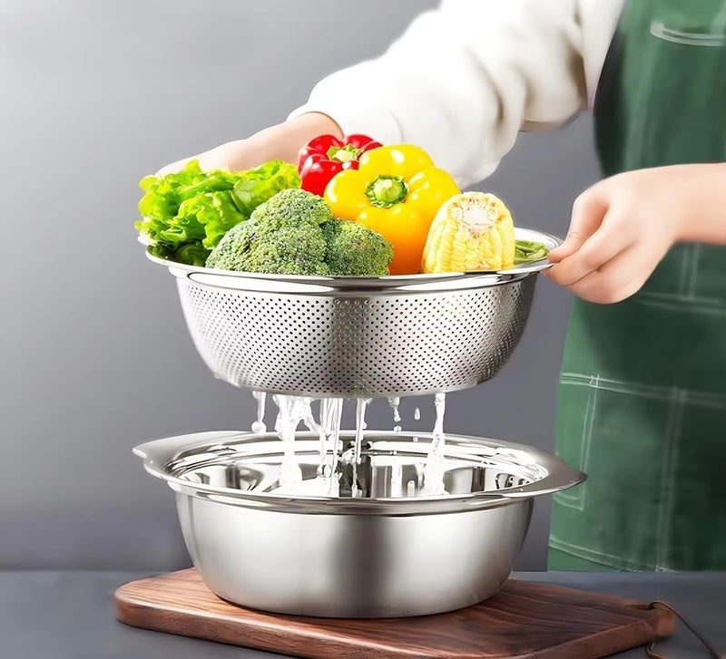 Valajogi 2 Pcs Set Stainless Steel Colander with Mixing Bowl Set – Vegetable & Fruit Washing Strainer, Pasta Rice Drainer, Kitchen Strainer Bowl, Multipurpose Food Prep Colander (Combo) - Image 5