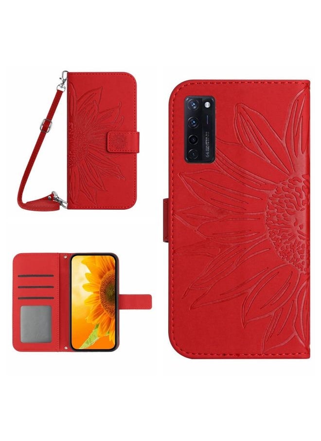 HuHa Case Cover For ZTE Axon 20 4G/20 5G Skin Feel Sun Flower Pattern Flip Leather Phone Case with Lanyard Red 
