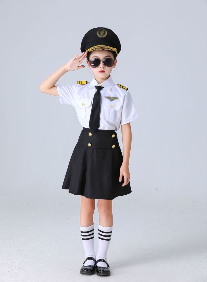 Airline Crew Uniform - Career Day Dress-Up for Kids  (Set includes: Short-sleeve top + Skirt + Socks + Sunglasses + Hat + Tie + Epaulet & Badge) -Size: 120cm - Image 1