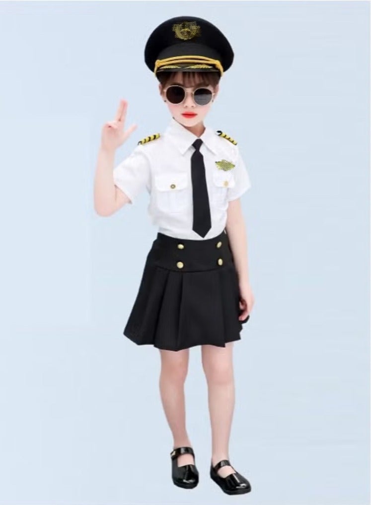 Airline Crew Uniform - Career Day Dress-Up for Kids  (Set includes: Short-sleeve top + Skirt + Socks + Sunglasses + Hat + Tie + Epaulet & Badge) -Size: 120cm - Image 2