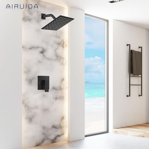 Airuida Shower Faucet Set Bathroom Rain Shower System 8 Inch Square Showerhead Single Function 1 Handle Trim Kit with Female Thread Rough-in Valve Cover Plate with H and C Labels Matte Black - Image 3