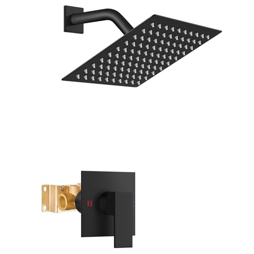 Airuida Shower Faucet Set Bathroom Rain Shower System 8 Inch Square Showerhead Single Function 1 Handle Trim Kit with Female Thread Rough-in Valve Cover Plate with H and C Labels Matte Black - Image 1