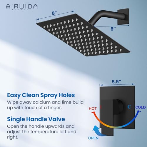 Airuida Shower Faucet Set Bathroom Rain Shower System 8 Inch Square Showerhead Single Function 1 Handle Trim Kit with Female Thread Rough-in Valve Cover Plate with H and C Labels Matte Black - Image 4