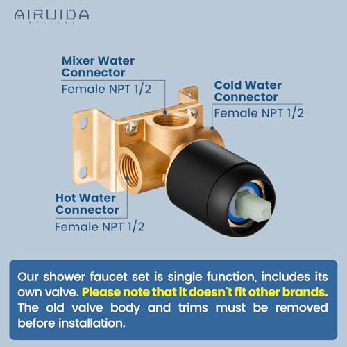Airuida Shower Faucet Set Bathroom Rain Shower System 8 Inch Square Showerhead Single Function 1 Handle Trim Kit with Female Thread Rough-in Valve Cover Plate with H and C Labels Matte Black - Image 2