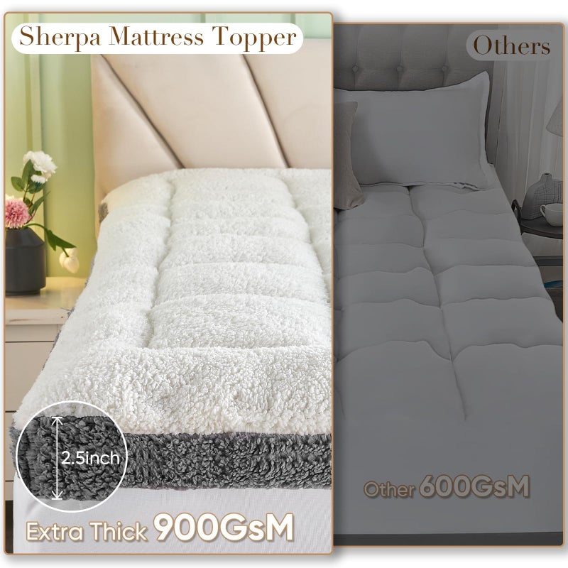 Cymula California King Mattress Topper, Sherpa Mattress Pad for Cal King Bed with 900GSM Down for Back Pain Extra Thick Mattress Cover Pillow Top with 8-21" Pockets, Grey - Image 5