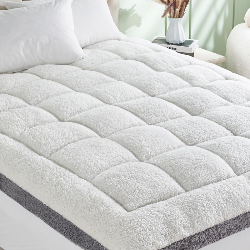 Cymula California King Mattress Topper, Sherpa Mattress Pad for Cal King Bed with 900GSM Down for Back Pain Extra Thick Mattress Cover Pillow Top with 8-21" Pockets, Grey - Image 1