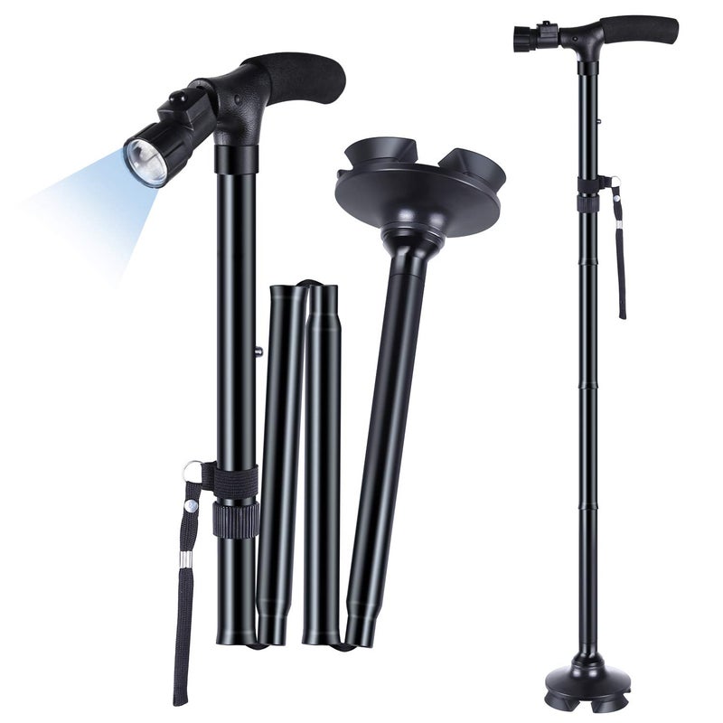 Ohuhu Walking Cane for Men Women: Ohuhu Walking Canes with LED Light Folding Walking Stick Adjustable Free Standing Canes with Wrist Strap Travel Bag for Seniors Adults - Image 1