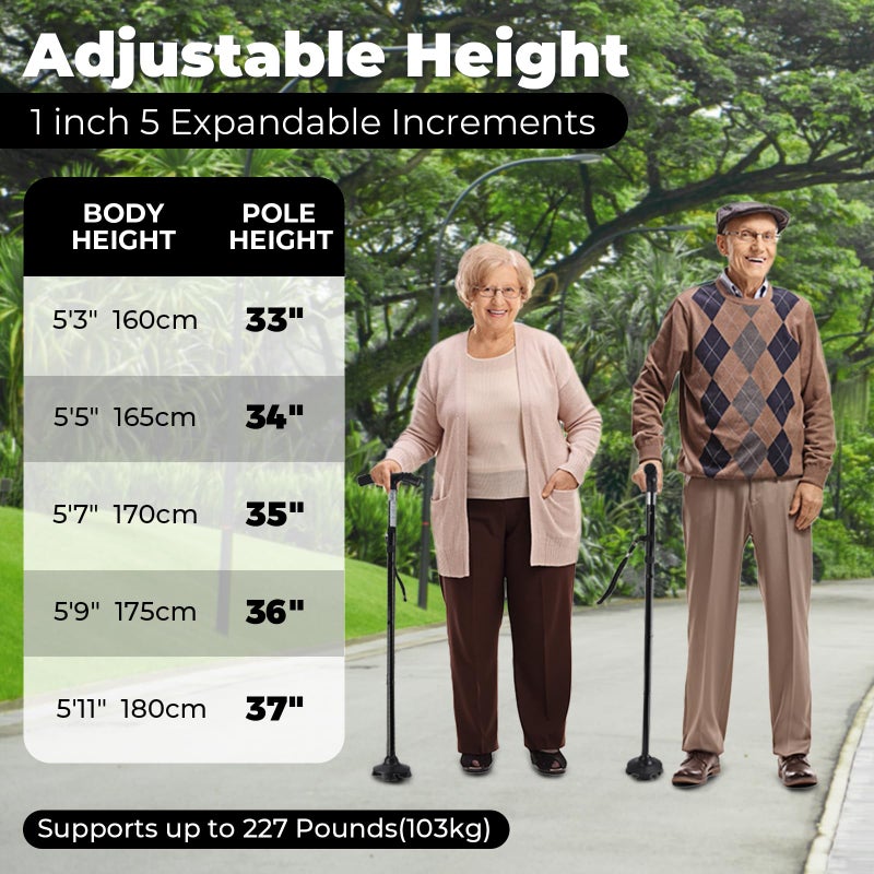 Ohuhu Walking Cane for Men Women: Ohuhu Walking Canes with LED Light Folding Walking Stick Adjustable Free Standing Canes with Wrist Strap Travel Bag for Seniors Adults - Image 3