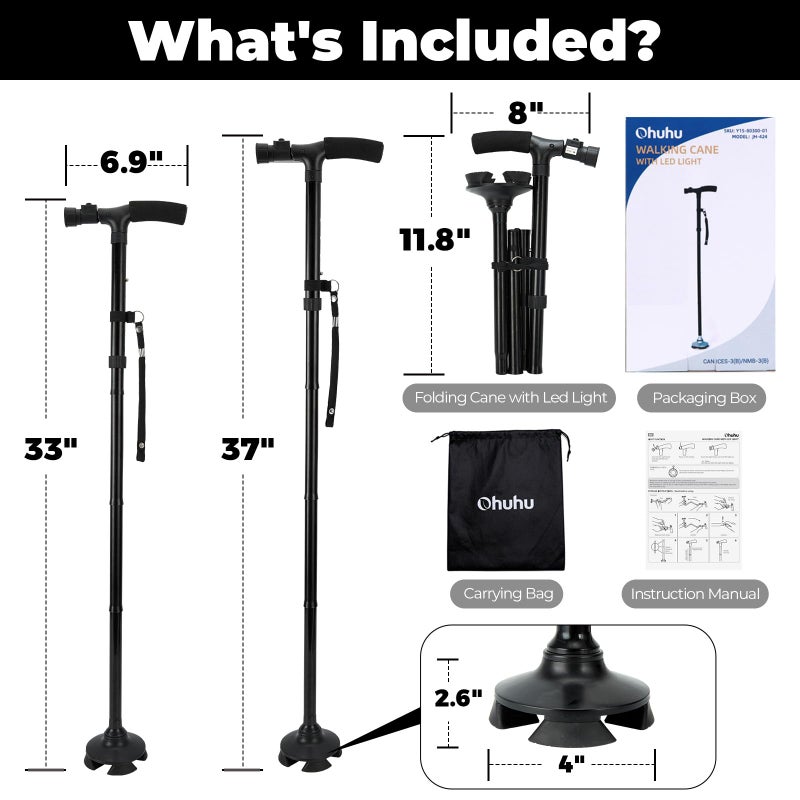 Ohuhu Walking Cane for Men Women: Ohuhu Walking Canes with LED Light Folding Walking Stick Adjustable Free Standing Canes with Wrist Strap Travel Bag for Seniors Adults - Image 2