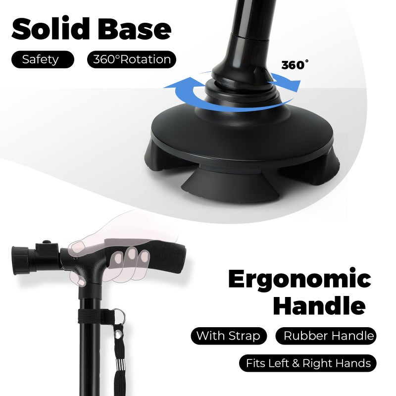 Ohuhu Walking Cane for Men Women: Ohuhu Walking Canes with LED Light Folding Walking Stick Adjustable Free Standing Canes with Wrist Strap Travel Bag for Seniors Adults - Image 5