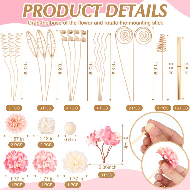 Queekay 32 Pcs Reed Diffuser Sticks Set Include 21pcs Natural Rattan Wood Beads, 11 Style Fragrance Diffuser, Rattan Reed Fragrance Replacement for Home(Pink Color) - Image 2