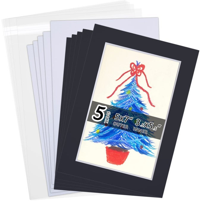 ACID FREE 5 PACK 5X7 PRECUT MAT BOARD SHOW KIT FOR 4X6 PHOTOS PRINTS OR ARTWORKS 5 CORE BEVEL CUT MATTS AND 5 BACKING BOARDS AND 5 CRYSTAL PLASTIC BAGS BLACK