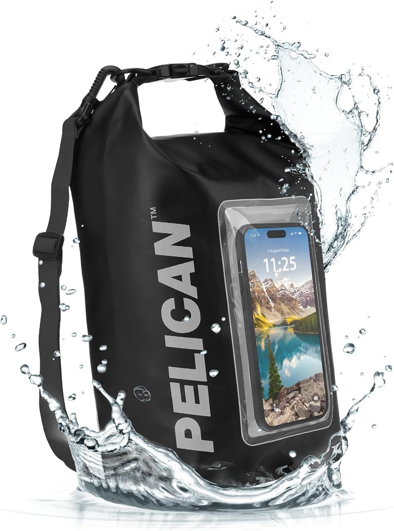 Pelican Marine IP68 Waterproof Dry Bag 5L - Roll Top Waterproof Backpack w/Phone Case/Pouch - Boating & Kayak Accessories - Essentials for Camping Swimming Beach Fishing Rafting Travel - Black - Image 1