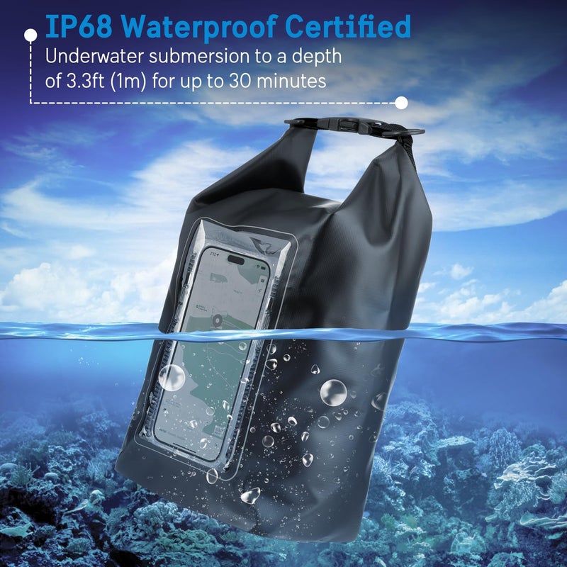 Pelican Marine IP68 Waterproof Dry Bag 5L - Roll Top Waterproof Backpack w/Phone Case/Pouch - Boating & Kayak Accessories - Essentials for Camping Swimming Beach Fishing Rafting Travel - Black - Image 2