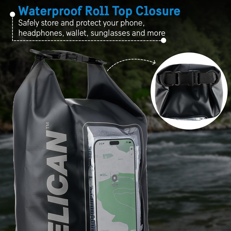 Pelican Marine IP68 Waterproof Dry Bag 5L - Roll Top Waterproof Backpack w/Phone Case/Pouch - Boating & Kayak Accessories - Essentials for Camping Swimming Beach Fishing Rafting Travel - Black - Image 5