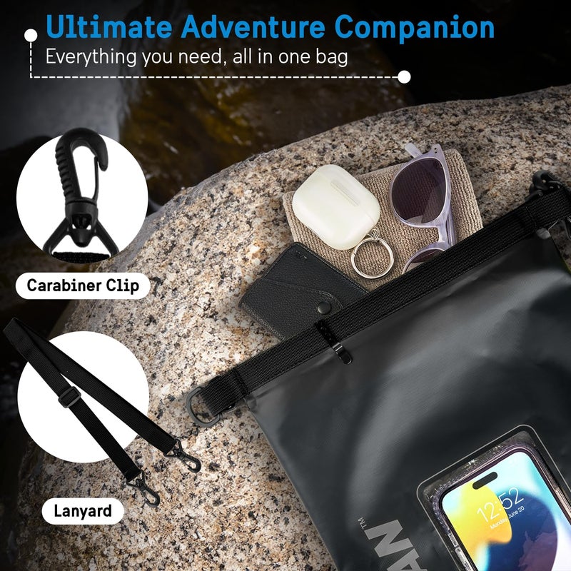 Pelican Marine IP68 Waterproof Dry Bag 5L - Roll Top Waterproof Backpack w/Phone Case/Pouch - Boating & Kayak Accessories - Essentials for Camping Swimming Beach Fishing Rafting Travel - Black - Image 4