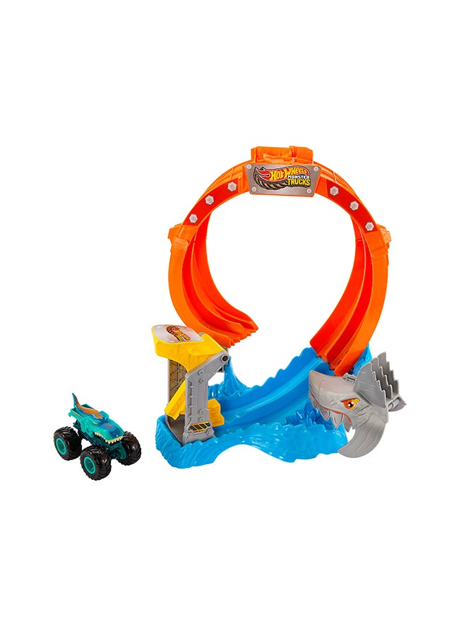 Hot Wheels Monster Trucks Track Set, Corkscrew Shark Smash Playset & 1:64 Scale Mega-Wrex Vehicle, Launch Through Loop To Defeat Nemesis - Image 1