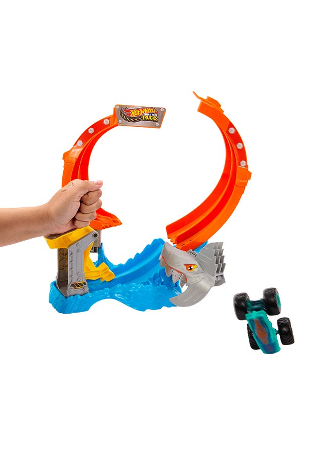 Hot Wheels Monster Trucks Track Set, Corkscrew Shark Smash Playset & 1:64 Scale Mega-Wrex Vehicle, Launch Through Loop To Defeat Nemesis - Image 4