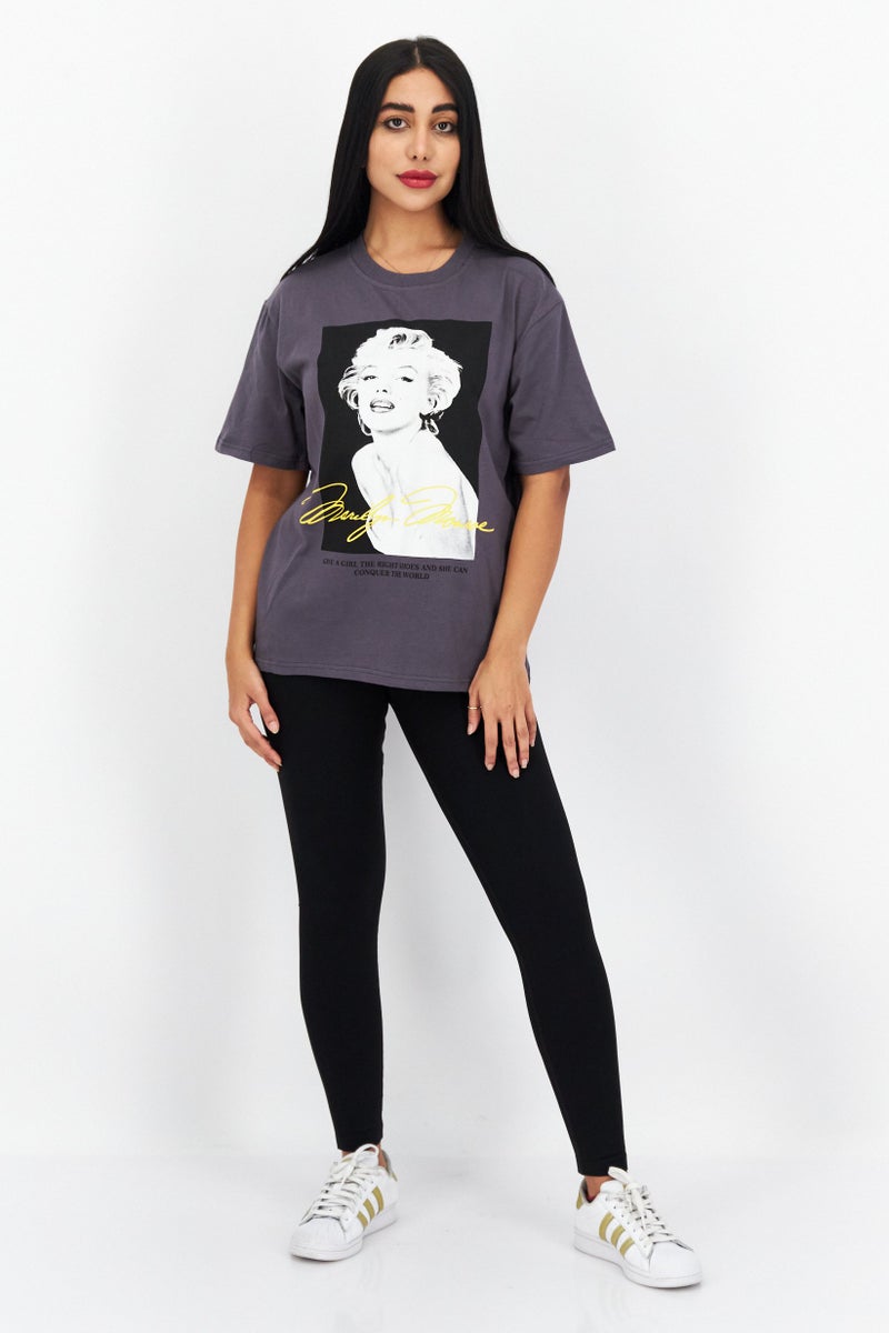 Marilyn Monroe Women Oversized Crew Neck Short Sleeve Graphic T-shirt, Charcoal Grey - Image 3