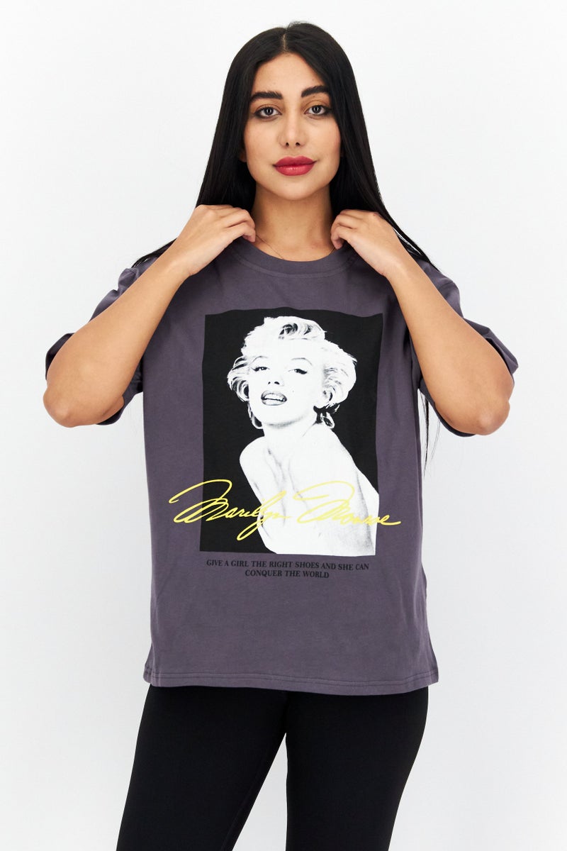 Marilyn Monroe Women Oversized Crew Neck Short Sleeve Graphic T-shirt, Charcoal Grey - Image 1