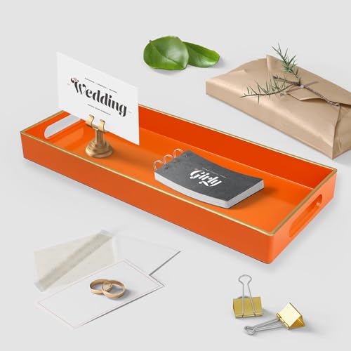 Leemxiiny Orange Bathroom Vanity Tray for Countertop, Small Plastic Toilet Tank Versatile Storage & Organization Tray for Makeup, Perfume, Desk, Kitchen, Candles, 13.7"x6"x1.4", 35O - Image 2