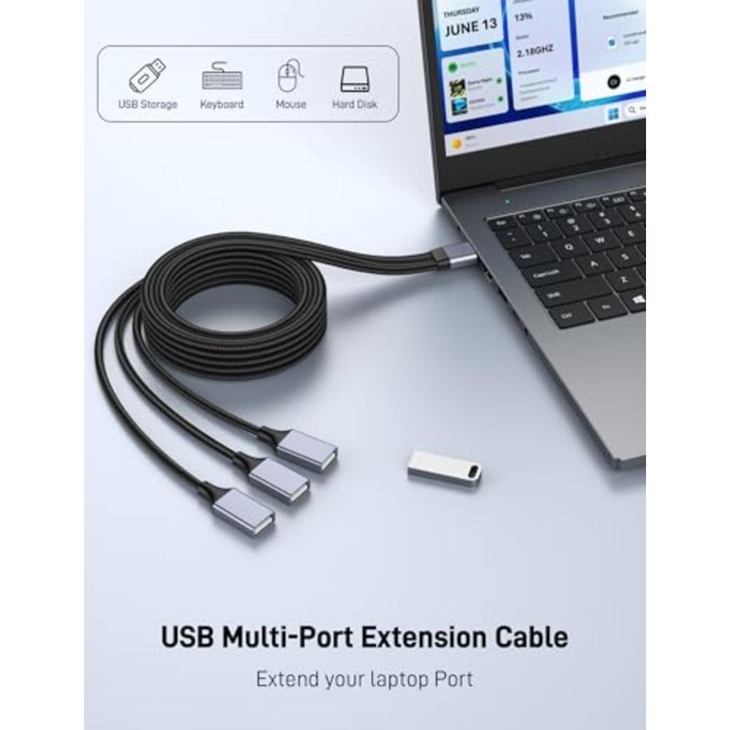 مقسم USB Y، كابل تمديد USB A ذكر إلى 3 أنثى بطول 3.3أقدام، مقسم USB 1 في 3 يدعم الشحن ونقل البيانات للطابعة/لوحة المفاتيح/محرك الفلاش/بلاي ستيشن/الكمبيوتر المحمول/LED إلخ - Image 2