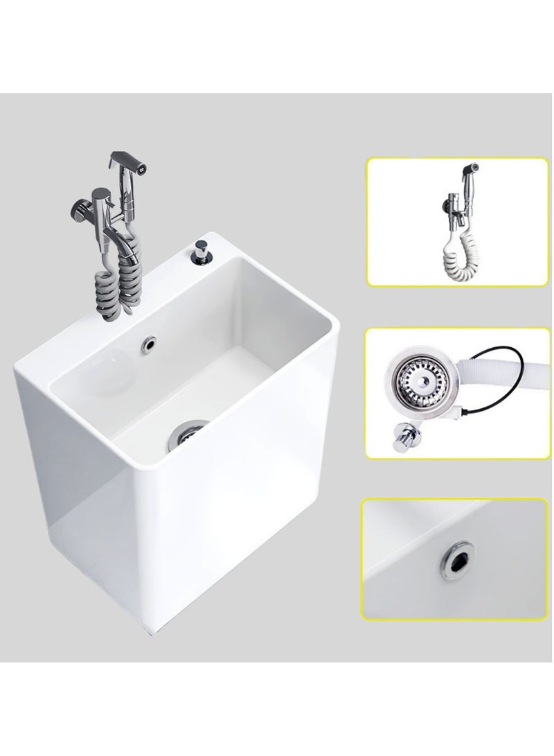 AUTOYSUR حوض ممسحة، حوض خدمة ممسحة سيراميكي مع رف قابل للإزالة، وزر تصريف وصنبور، مجموعة حوض غسيل أرضي للحمام والشرفة وغرفة الغسيل - Image 2