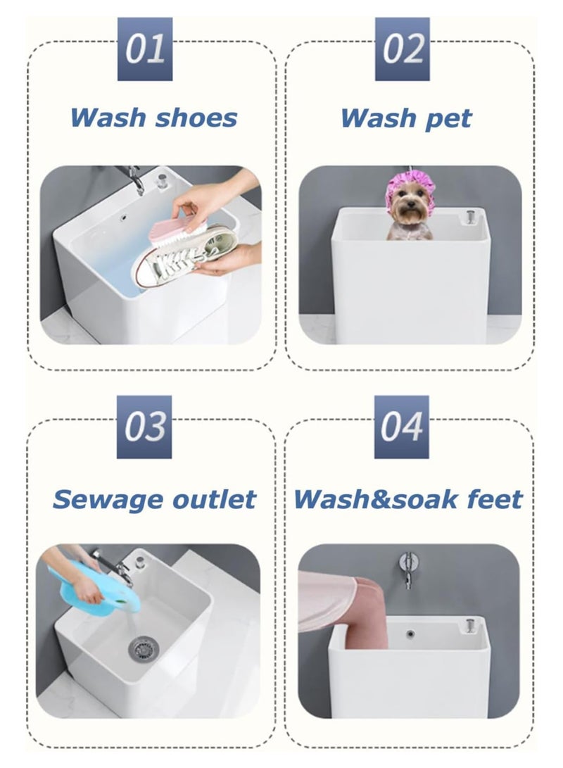 AUTOYSUR حوض ممسحة، حوض خدمة ممسحة سيراميكي مع رف قابل للإزالة، وزر تصريف وصنبور، مجموعة حوض غسيل أرضي للحمام والشرفة وغرفة الغسيل - Image 4