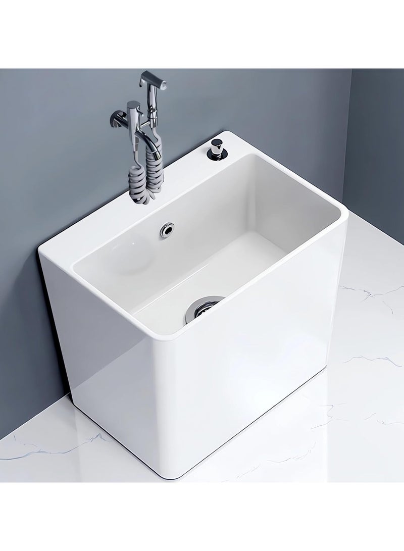 AUTOYSUR حوض ممسحة، حوض خدمة ممسحة سيراميكي مع رف قابل للإزالة، وزر تصريف وصنبور، مجموعة حوض غسيل أرضي للحمام والشرفة وغرفة الغسيل - Image 1