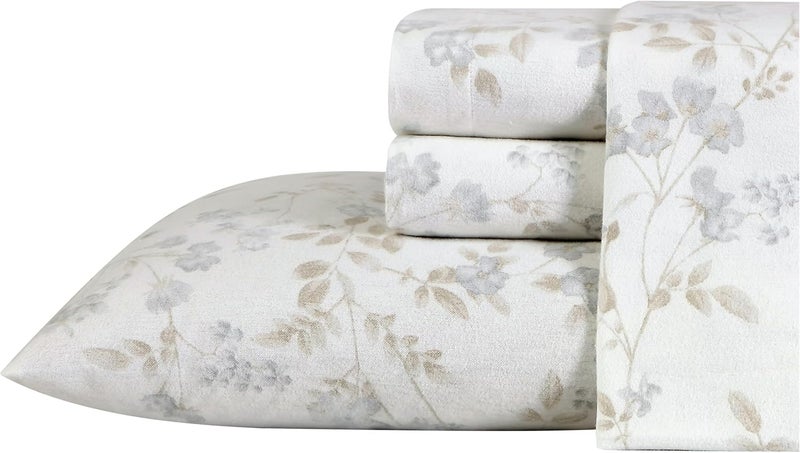 LAURA ASHLEY - Queen Sheet Set, Cotton Flannel Bedding, Brushed for Extra Softness & Comfort (Fawna Grey, Queen) - Image 1