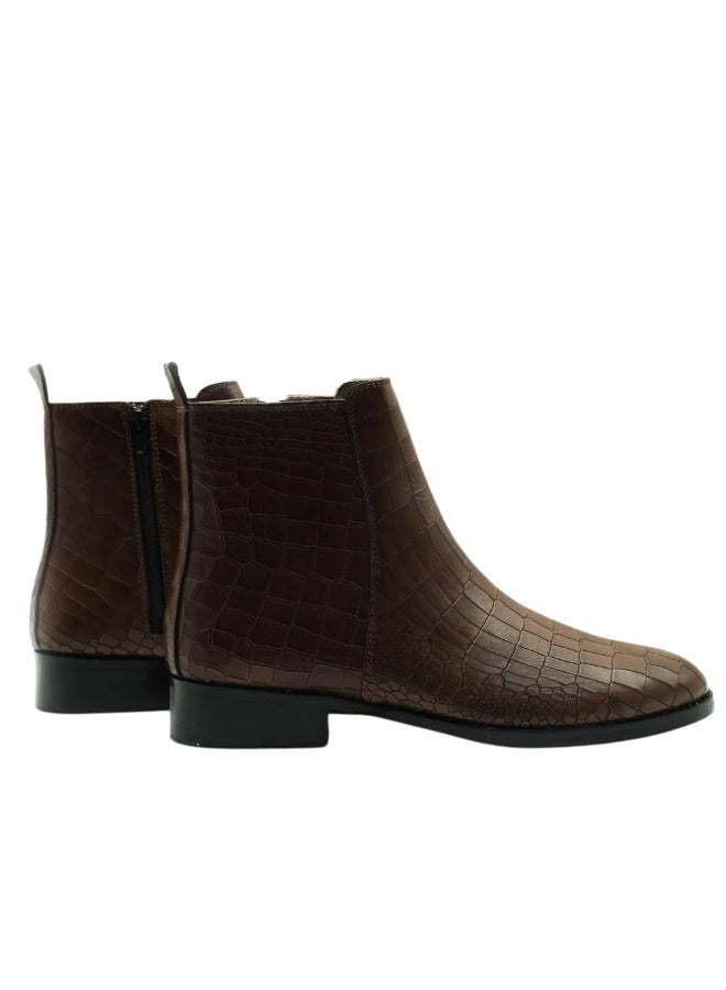Brenvick Vittorio Men's Tan Round Toe Premium Croc Chelsea Boots - Side Zipper Embossed Leather Ankle Boots - Image 3