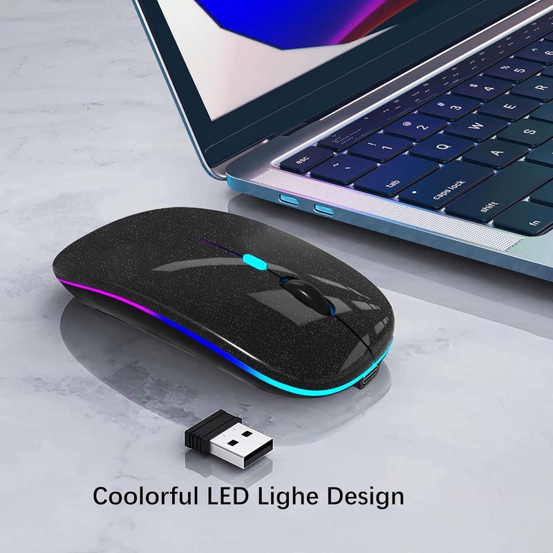 فأرة لاسلكية بلوتوث WREANU قابلة لإعادة الشحن لأجهزة الكمبيوتر المحمولة مع أضواء LED هادئة ونحيفة (BT5.2 ومستقبل USB محمول 2.4G) فأرة كمبيوتر ثنائية الوضع لأجهزة الكمبيوتر المحمولة / iPad / Tablet / Apple / PC / Mac (لؤلؤة سوداء) - Image 2