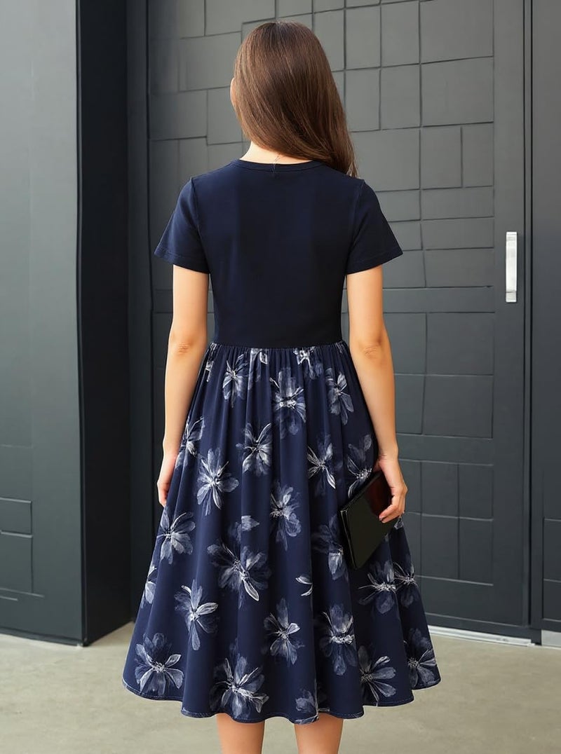 Seechoslo New 8-14Years Girls Elegant Dress Short Sleeve A-Line Floral Midi Party Special Occasion (US, Age, 13 Years, 14 Years, Dark Blue) - Image 3