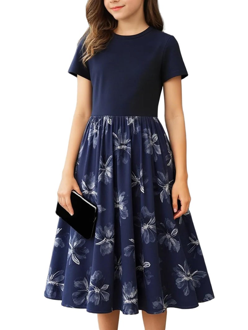 Seechoslo New 8-14Years Girls Elegant Dress Short Sleeve A-Line Floral Midi Party Special Occasion (US, Age, 13 Years, 14 Years, Dark Blue) - Image 1