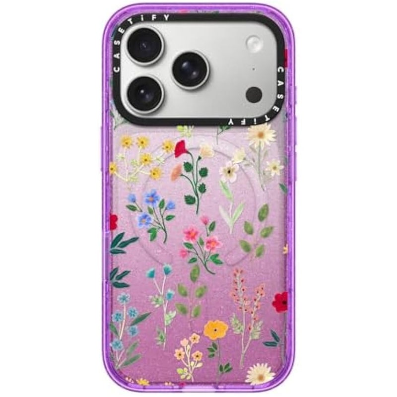 Casetify Impact iPhone 17 Pro Case 【Slim/Compatible with Magsafe / 8.2 ft. 4X Military Grade Drop Protection】 - Spring Botanicals 2 - Glitter Purple - Image 1