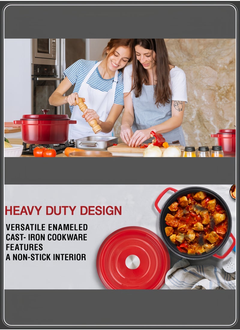 nihao - 5.5QT Large Capacity Enameled Cast Iron Dutch Oven with Lid – Dual Handles – Oven Safe up to 500° F or on Stovetop – Use to Marinate, Cook, Bake, Refrigerate and Serve 26CM Diameter – Red - Image 1