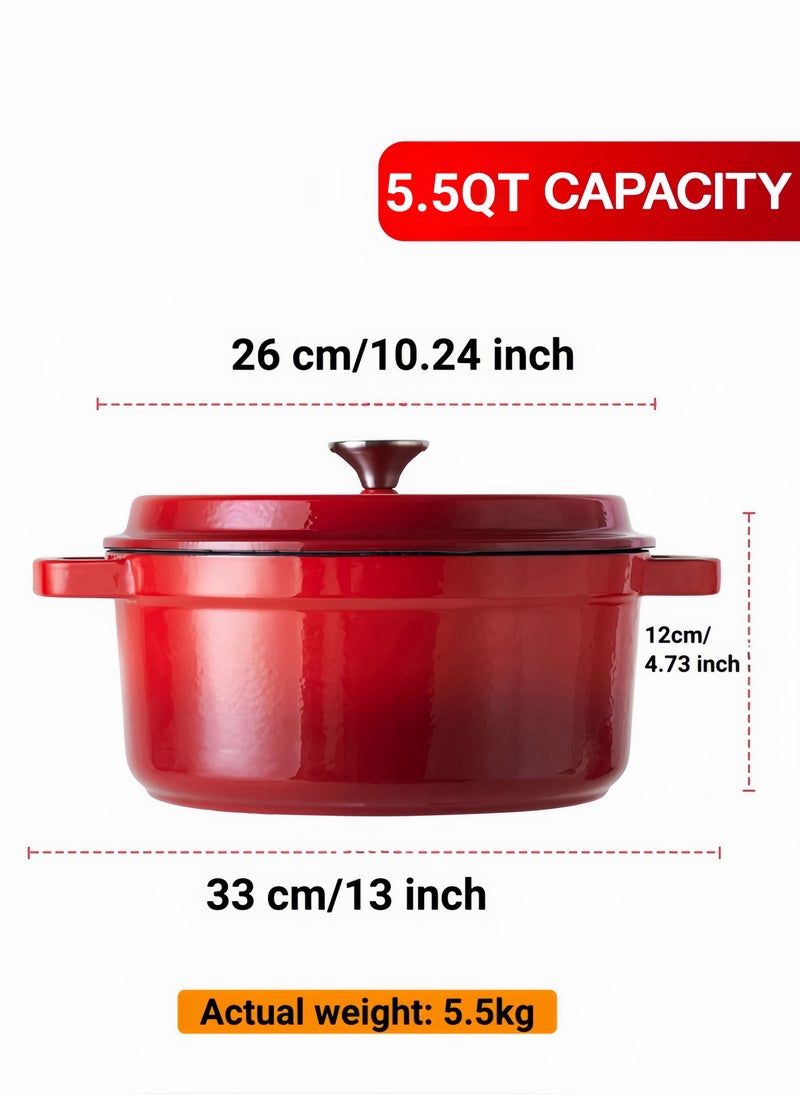 nihao - 5.5QT Large Capacity Enameled Cast Iron Dutch Oven with Lid – Dual Handles – Oven Safe up to 500° F or on Stovetop – Use to Marinate, Cook, Bake, Refrigerate and Serve 26CM Diameter – Red - Image 1