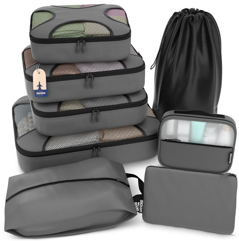 Shacke Premium 8 Packing Cubes Set - Lightweight Mesh Travel Luggage Organizers with Laundry Bag, 8-Piece Suitcase Storage System (Dark Grey) - Image 1