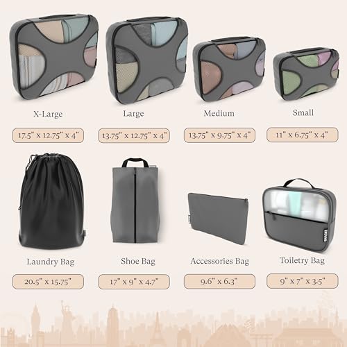 Shacke Premium 8 Packing Cubes Set - Lightweight Mesh Travel Luggage Organizers with Laundry Bag, 8-Piece Suitcase Storage System (Dark Grey) - Image 4
