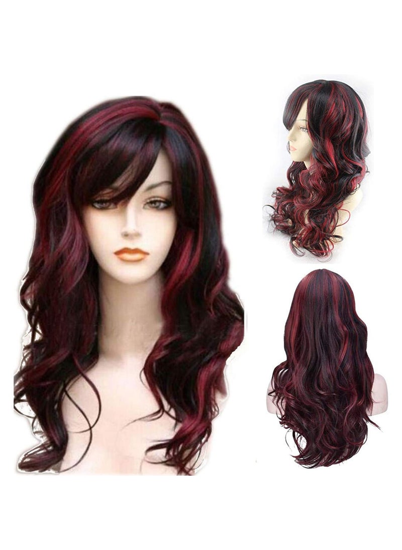 BERON BERON Red Black Wig Long Wavy Wig Red Black Mix Color Wig with Bangs for Women Red Black Wig Long Curly Wig Red Black Wig Synthetic Wig with Wig Cap 