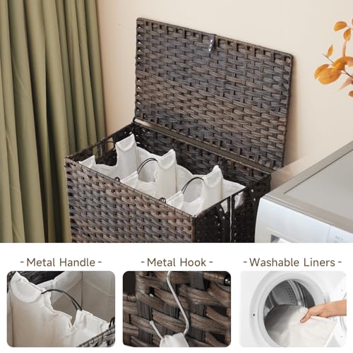 Hiagnete Laundry Hamper with Wheels, 39.6 Gallon(150L) Rolling Laundry Basket with Lid, 3-Section Rattan Clothes Hamper with 3 Removable Liner & 3 Mesh Bags, Laundry Sorter with Side Pocket, Brown - Image 5