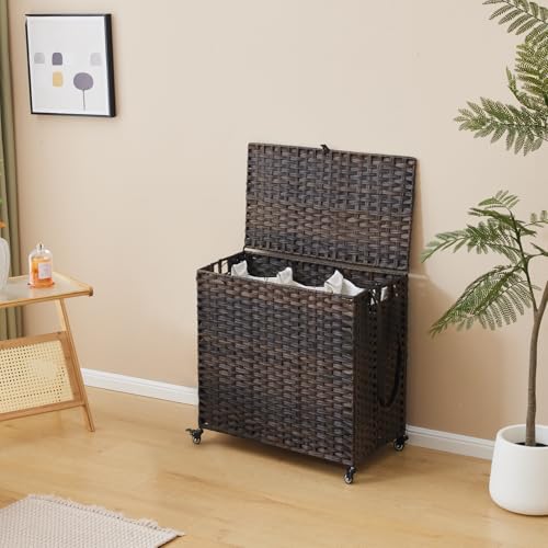 Hiagnete Laundry Hamper with Wheels, 39.6 Gallon(150L) Rolling Laundry Basket with Lid, 3-Section Rattan Clothes Hamper with 3 Removable Liner & 3 Mesh Bags, Laundry Sorter with Side Pocket, Brown - Image 3
