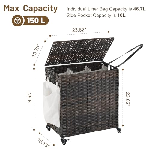 Hiagnete Laundry Hamper with Wheels, 39.6 Gallon(150L) Rolling Laundry Basket with Lid, 3-Section Rattan Clothes Hamper with 3 Removable Liner & 3 Mesh Bags, Laundry Sorter with Side Pocket, Brown - Image 4