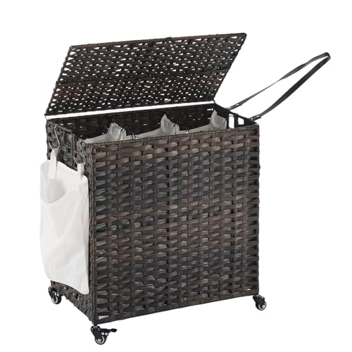 Hiagnete Laundry Hamper with Wheels, 39.6 Gallon(150L) Rolling Laundry Basket with Lid, 3-Section Rattan Clothes Hamper with 3 Removable Liner & 3 Mesh Bags, Laundry Sorter with Side Pocket, Brown - Image 1