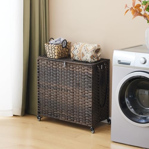 Hiagnete Laundry Hamper with Wheels, 39.6 Gallon(150L) Rolling Laundry Basket with Lid, 3-Section Rattan Clothes Hamper with 3 Removable Liner & 3 Mesh Bags, Laundry Sorter with Side Pocket, Brown - Image 2