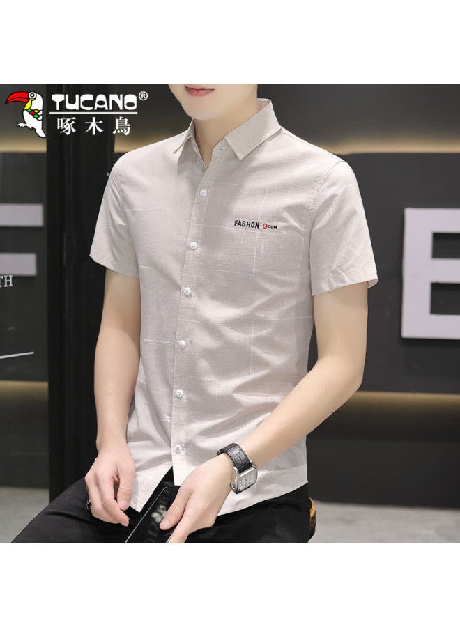 Tucano Tucano Men's Short Sleeve Shirt Spring Summer Thin Slim Fit Striped Breathable Business Casual Men's Shirt Khaki Xl
