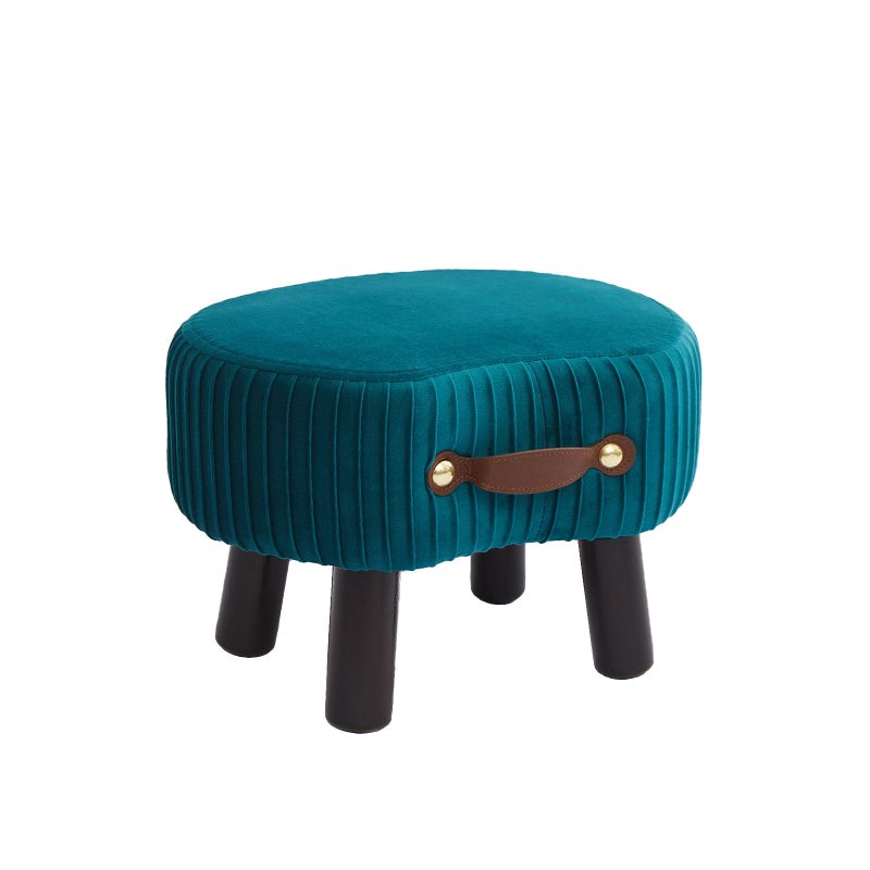 Small Footstool with Handle Velvet Ottoman Foot Rest with Padded Seat Curved Foot Stool with Wooden Legs Portable Foot Rest for Living Room Bedroom Entryway Peacock Blue