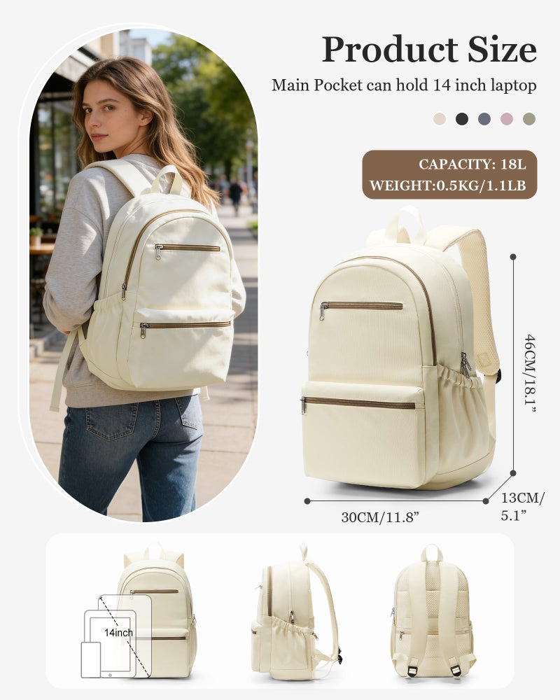 WEPOET Lightweight School Backpack for Women Men, Multi Pocket Backpack for College Students, Waterproof Middle School Bags, Simple Bookbag for Teens Girls Boys, Beige - Image 2